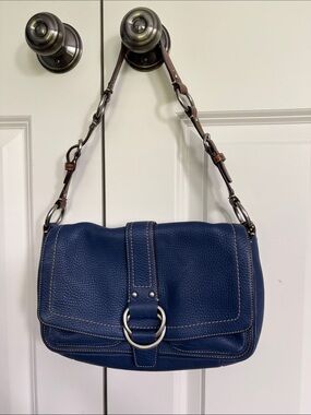 Coach Navy Pebble Leather Shoulder Bag with Ring Detail